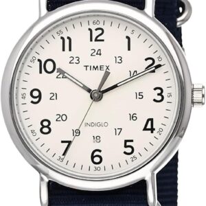 Timex Men’s Weekender 40mm Watch – Silver-Tone Case Cream Dial with Blue Fabric Slip-Thru Strap