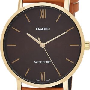 Casio MTP-VT01GL-5B Men’s Minimalistic Gold Tone Brown Leather Band Burgundy Dial 3-Hand Analog Watch