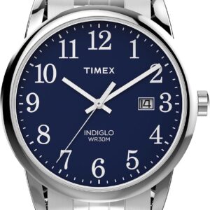 Timex Men’s Easy Reader Classic 38mm Watch – Silver-Tone Expansion Band, Blue Dial