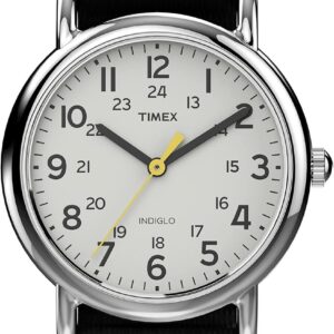 Timex Women’s Weekender 31mm Watch – Silver-Tone Case White Dial with Black Fabric Strap