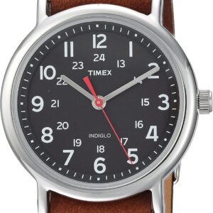 Timex Unisex Weekender 38mm Watch – Silver-Tone Case Black Dial with Brown Leather Strap