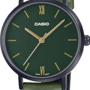 Casio LTP-VT02BL-3A Women’s Minimalistic Black IP Green Dial Leather Band Watch
