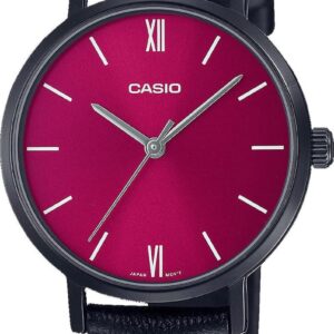 Casio LTP-VT02BL-4A Women’s Minimalistic Black IP Red Dial Leather Band Watch