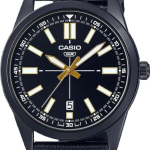 Casio MTP-VD02BL-1E Men’s Black IP Black Dial Leather Band 3-Hand Analog Watch