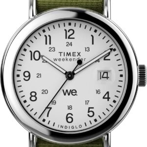 Timex Unisex Weekender 37mm Watch – Green Strap White Dial Silver-Tone Case