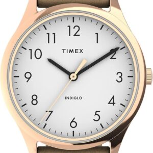 Timex Women’s Modern Easy Reader 32mm Watch – Rose Gold-Tone Case White Dial with Beige Genuine Leather Strap