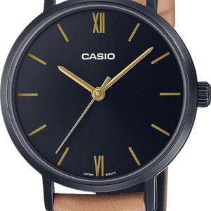 Casio LTP-VT02BL-1A Women’s Minimalistic Black IP Black Dial Leather Band 3-Hand Analog Watch