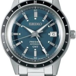 SEIKO Men’s Blue Dial Silver Stainless Steel Band Presage Automatic GMT Analog Watch, SSK009