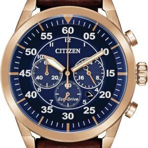 Citizen Men’s Eco-Drive Weekender Avion Rose Gold Stainless Steel Chronograph Watch with Brown Leather Strap, Blue Dial