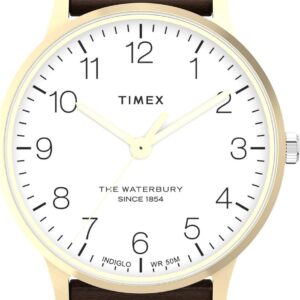 Timex Men’s Waterbury Classic 40mm Watch – Brown Strap White Dial Gold-Tone Case