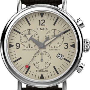 Timex Men’s Chronograph 41mm Watch – Brown Strap Cream Dial Silver-Tone Case