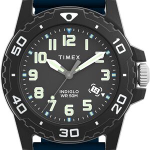 Timex Men’s Diver 42mm Watch – Blue Strap Black Dial Black Case