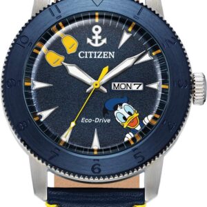 Citizen Eco-Drive Men’s Disney Donald Duck Watch, Blue IP Stainless Steel on Blue Leather Strap