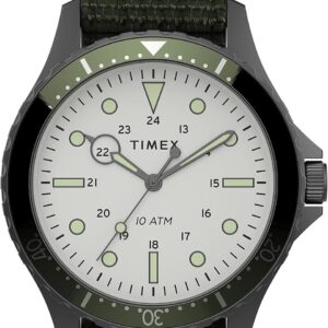 Timex Men’s Navi XL 41mm Watch – Gunmetal Case White Dial with Olive Fabric Slip-Thru Strap