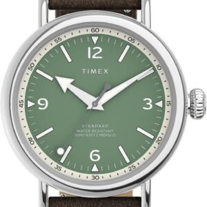 Timex Men’s Standard 40mm Watch – Brown Strap Green Dial Silver-Tone Case