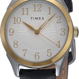 Timex Women’s Briarwood 28mm Watch – Two-Tone Case Silver-Tone Dial with Black Leather Strap