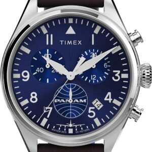 Timex Men’s X Pan Am Chronograph 42mm Watch – Brown Strap Blue Dial Stainless Steel Case