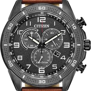 Citizen Men’s Eco-Drive Weekender Chronograph Watch in Black IP Stainless Steel with Brown Leather Strap