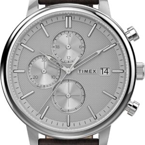 Timex Men’s Chicago Chronograph 45mm Watch – Silver-Tone Dial & Case with Dark Brown Leather Strap