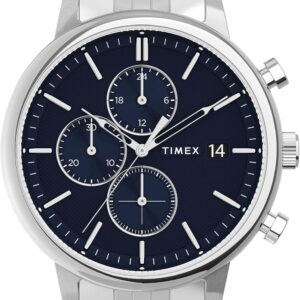 Timex Men’s Chicago Chronograph 45mm Watch – Silver-Tone Case Blue Dial
