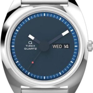 Timex Q 1975 Enigma Reissue Watch Silver Stainless Steel Band Blue Dial