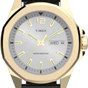 Timex Men’s Essex 46mm Watch – Black Strap White Dial Gold-Tone Case