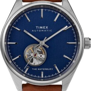 Timex Men’s Waterbury Traditional Automatic 42mm Watch – Stainless Steel Case Blue Dial & with Brown Genuine Leather Strap