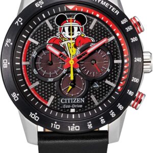 Citizen Eco-Drive Disney Men’s Watch, Stainless Steel with Leather Strap, Mickey Mouse