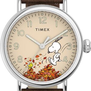 Timex x Peanuts Men’s Standard 40mm Watch – Fall Silver-Tone Case Beige Dial with Tan Genuine Leather Strap