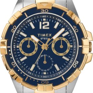 Timex Men’s Dress Analog 45mm Stainless Steel Multifunction Bracelet Watch, Two-Tone/Blue