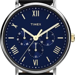 Timex Men’s Southview Multifunction 41mm Watch – Silver-Tone Case Blue Dial with Black Genuine Leather Strap