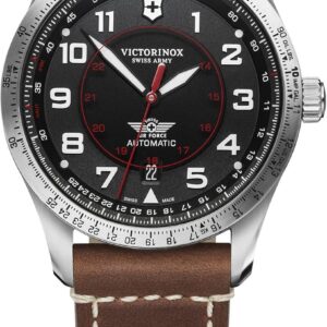 Victorinox Airboss Mechanical Automatic Watch with Black Dial and Brown Leather Strap