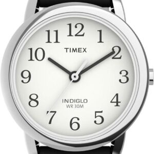 Timex Women’s Easy Reader 25mm Watch – Silver-Tone Case White Dial with Black Leather Strap