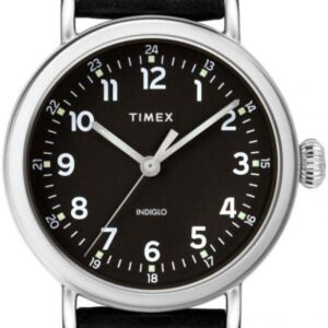 Timex Men’s Standard 40mm Watch – Gray Dial & Silver-Tone Case with Olive Genuine Leather Strap