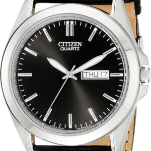 Citizen Quartz Men’s Watch, Stainless Steel with Leather Strap, Casual, Black