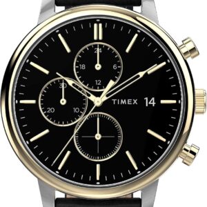 Timex Men’s Chicago Chronograph 45mm Watch – Black Dial Two-Tone Case with Black Leather Strap