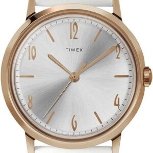 Timex 34 mm Marlin Mechanical Rose Gold Case Silver Dial White Leather Watch