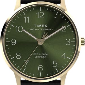 Timex Men’s Waterbury Classic 40mm Watch – Brown Strap Green Dial Gold-Tone Case