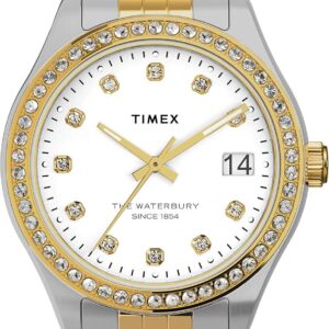Timex Women’s Waterbury Legacy 34mm Watch – White Dial Two-Tone Stainless Steel Bracelet with Crystals