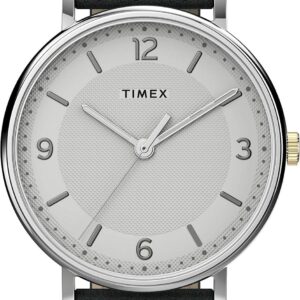 Timex Men’s Southview 41mm Watch – Silver-Tone Case White Dial with Gray Leather Strap