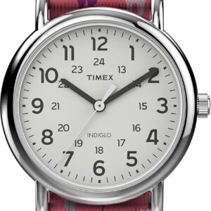Timex Women’s Weekender 31mm Watch – Silver-Tone Case Pink Fabric Strap White Dial
