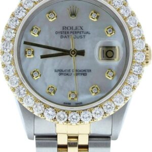 Rolex Datejust 36mm Watch 16233 Custom Mother of Pearl Diamond Dial & 3CT Diamond Bezel
